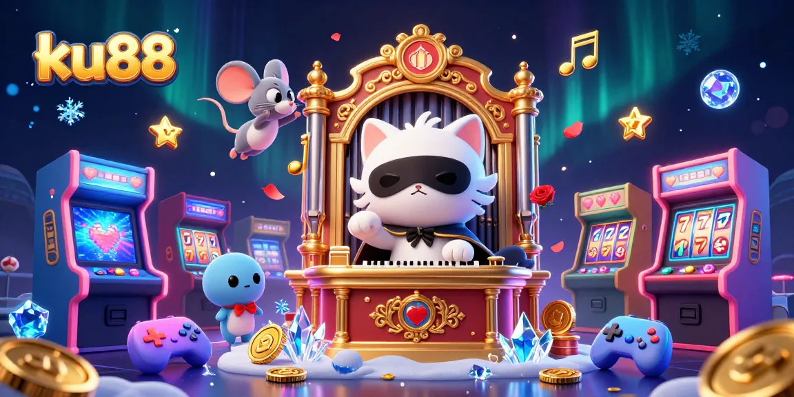 Experience thrilling fun with ku88 in this vibrant casino scene featuring a playful phantom cat, bright games, and enchanting elements.