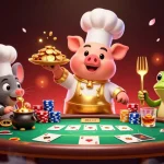 Engage in sunwin đổi thưởng with a lively casino scene showcasing gourmet gold coins and poker excitement.
