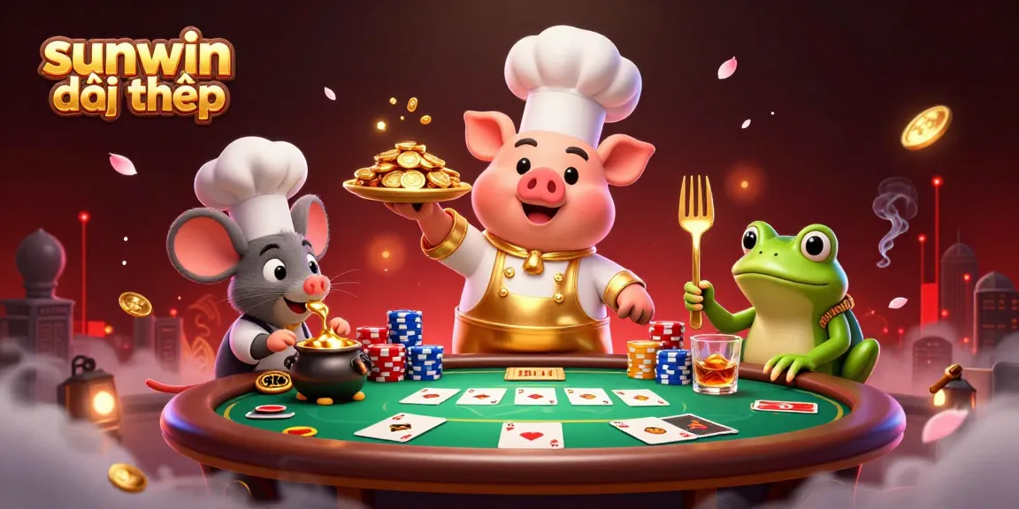 Engage in sunwin đổi thưởng with a lively casino scene showcasing gourmet gold coins and poker excitement.
