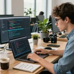 Software developer coding at a modern workspace with sc88 tools, bright natural light, and collaborative atmosphere.