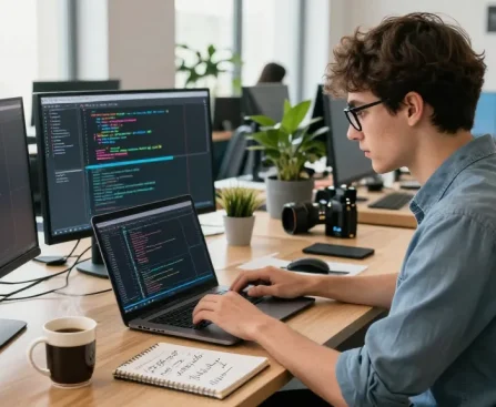 Software developer coding at a modern workspace with sc88 tools, bright natural light, and collaborative atmosphere.