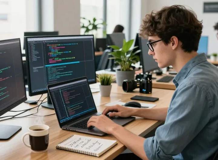 Software developer coding at a modern workspace with sc88 tools, bright natural light, and collaborative atmosphere.