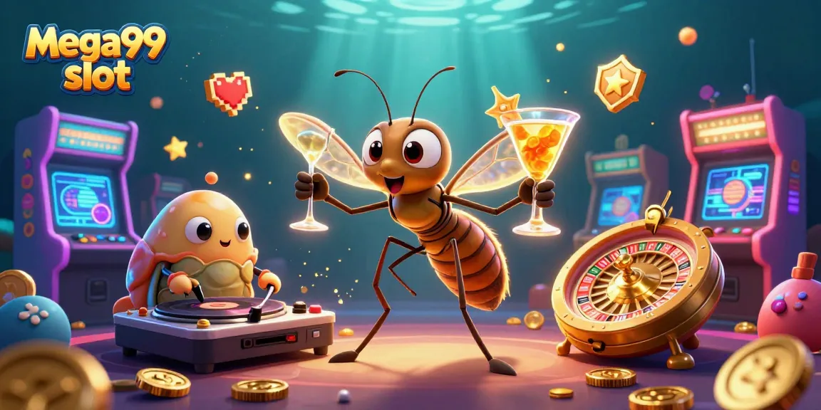 Experience mega99 slot with a vibrant casino mascot and sleek gaming elements in this lively 3D scene.